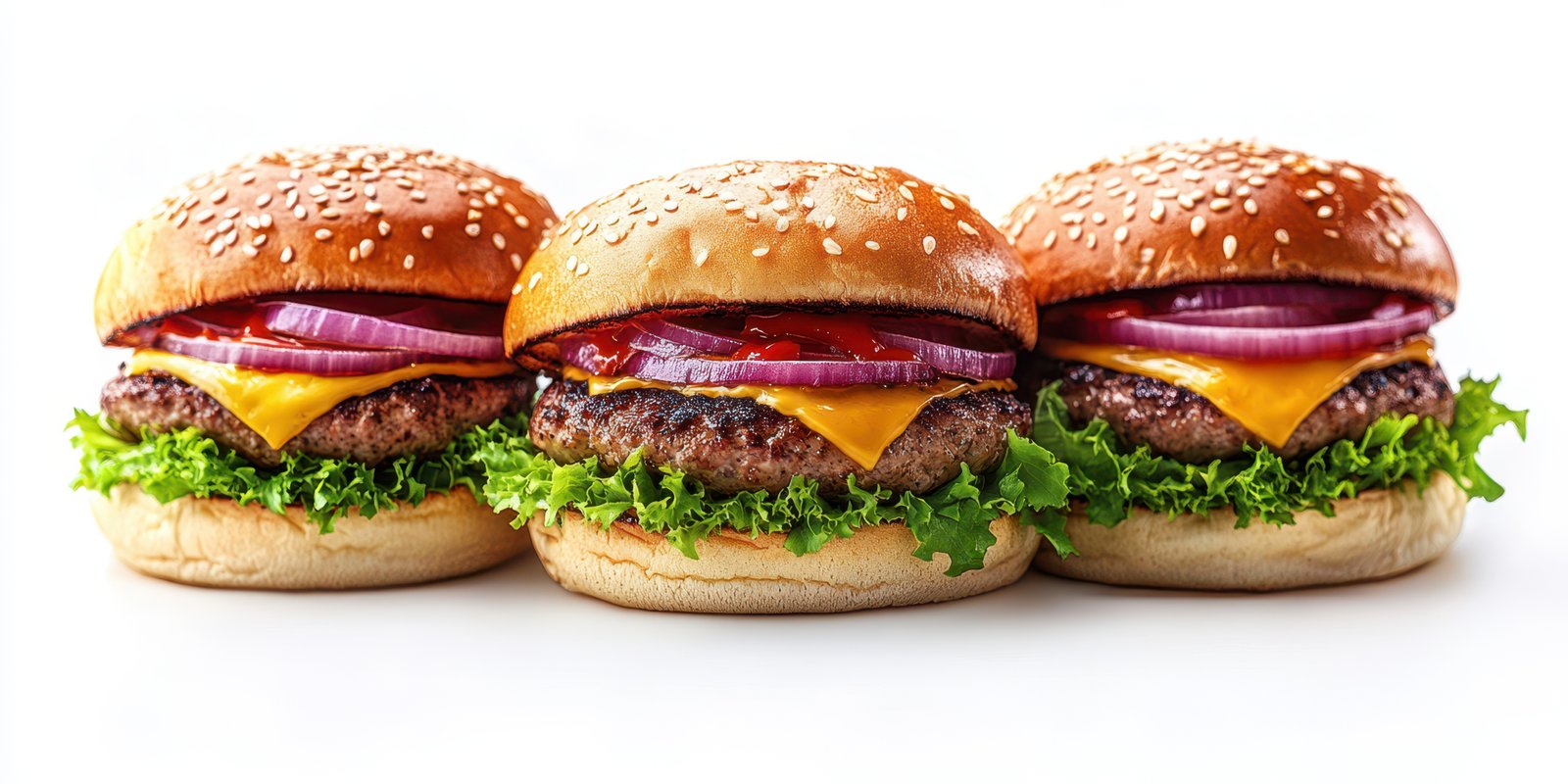 Delicious gourmet burgers with fresh ingredients and layered flavors on a clean background